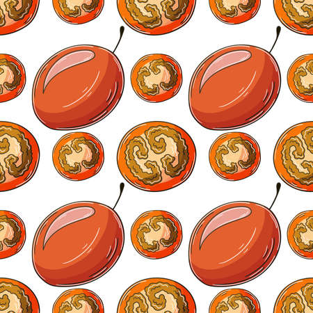 Seamless pattern with tropical fruits. Illustration in hand draw style. Tamarillo. Can be used for fabric, packaging and etcのイラスト素材