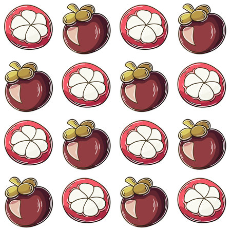 Seamless pattern with tropical fruits. Illustration in hand draw style. Mangosteen. Can be used for fabric, packaging, wrapping paper and etcのイラスト素材