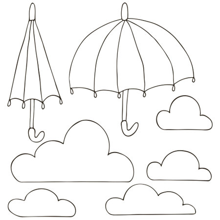 Autumn. Set of vector illustrations in hand drawn style. Monochrome poster with clouds and umbrellas. Collection of icons, signs, stickersのイラスト素材