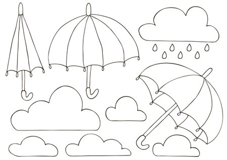 Autumn. Set of vector illustrations in hand drawn style. Monochrome poster with clouds and umbrellas. Collection of icons, signs, pins, stickersのイラスト素材