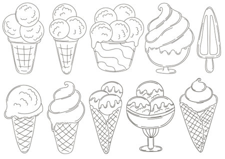Big set of vector illustrations in hand draw style. Monochrome ice cream. Collection of icons, pins, signs, stickers. Ice cream in a cup, in a vaseのイラスト素材