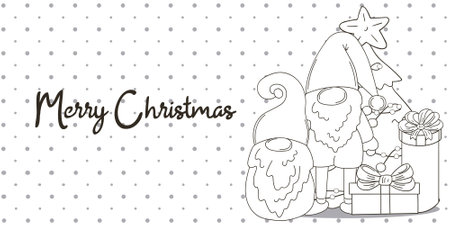 Christmas banner in hand drawn style. Two gnomes in Santa Claus hats, Christmas tree, gifts. Coloring holiday card, flyer, bannerのイラスト素材