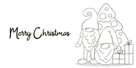 Christmas banner in hand drawn style. Two gnomes in Santa Claus hats, Christmas tree, gifts. Coloring holiday, flyerのイラスト素材