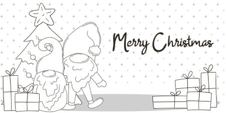 Coloring Christmas banner in handdrawn style. Two gnomes in Santa Claus hats, Christmas tree, gifts. Cute holiday card, flyer, bannerのイラスト素材