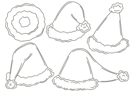 Santa Claus Hat Coloring Bundle. Collection of Santa Claus hats in handdrawn style. Set of vector illustrations for your designのイラスト素材