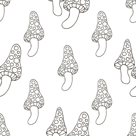 Amanitas. Seamless pattern for kitchen, restaurant or shop. Illustration in hand draw style. Can be used for fabricのイラスト素材