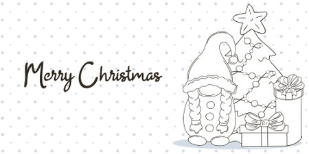 Christmas banner in hand drawn style. Two gnomes in Santa Claus hats, Christmas tree, gifts. Coloring holiday card, flyer, banner, invitationのイラスト素材