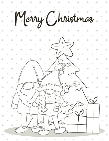 Coloring card in handdrawn style. Two gnomes in Santa Claus hats, Christmas tree, gifts. Cute holiday card, flyer, bannerのイラスト素材