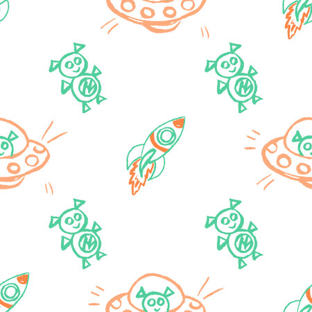 Space seamless pattern. Children's drawings with wax crayons. Rockets, ufo, galaxy. Print for cloth design, textile, fabric, wallpaper, wrapping paperのイラスト素材