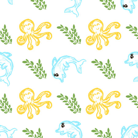 Marine seamless pattern. Sea inhabitants. Children's drawings with wax crayons. Printのイラスト素材