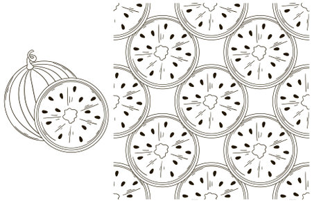 Watermelons. Coloring pattern for kitchen, restaurant or shop. Set in hand draw style. Can be used for fabricのイラスト素材