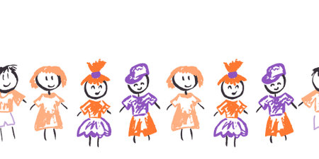 Cute seamless border. Children. Drawings with wax crayons. Vector design for paper, fabric, interior decor and other useのイラスト素材