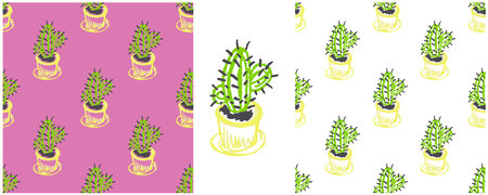 Cactus seamless pattern. Set drawings with wax crayons. Flowering cacti in pots. Print for cloth...