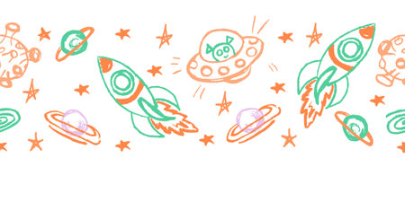 Space seamless border. Rockets. Drawings with wax crayons. Vector design for paper, cover, fabric,...