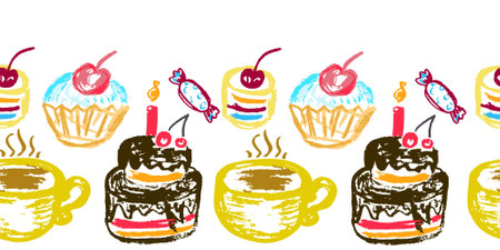 Festive seamless border. Cakes, pastries. Drawings with wax crayons. Vector design for decor