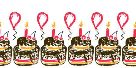 Festive seamless border. Cakes, pastries. Drawings with wax crayons. Vector design for decor and...