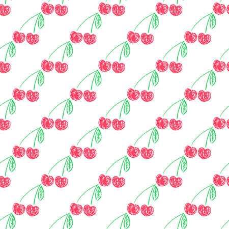 Fruit seamless pattern. Children's drawings with wax crayons. Cherries. Print for cloth design,...