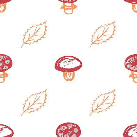 Autumn seamless pattern. Children's drawings with wax crayons. Mushrooms, yellow leaves. Print for cloth design, textileのイラスト素材