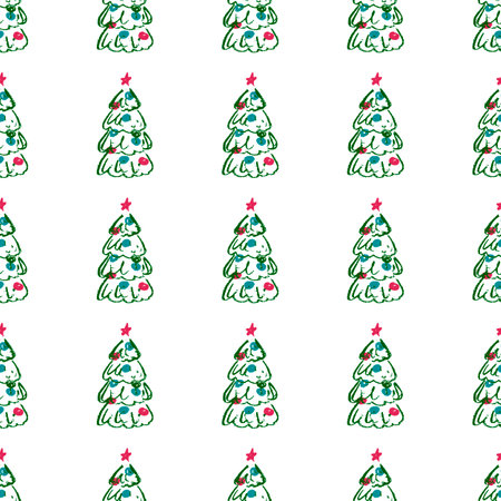 Christmas seamless pattern. Children's drawings with wax crayons. Christmas tree, new year. Printのイラスト素材