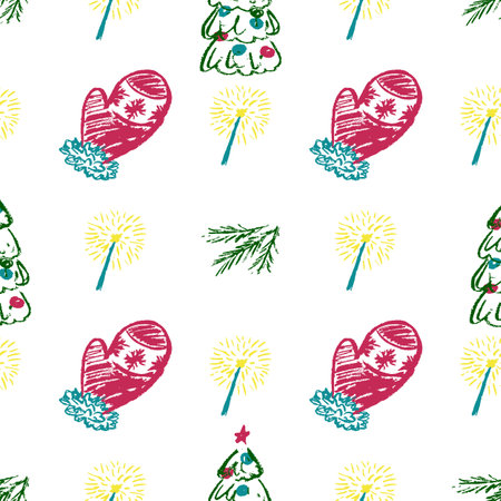 Christmas seamless pattern. New Year mood. Children's drawings with wax crayons. Print for cloth...