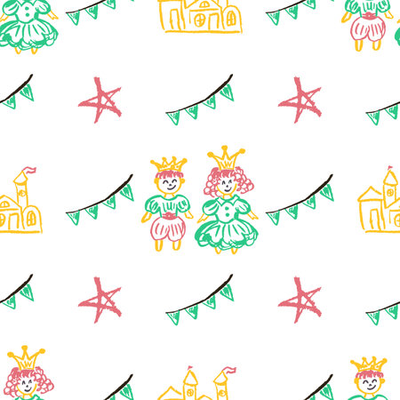 Fairytale seamless pattern. Castle, princess. Children's drawings with wax crayons. Print for cloth design, textile, fabric, wallpaper, wrappingのイラスト素材
