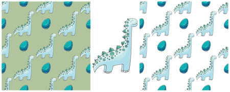 Dinosaurs Set in blue palette. Hand drawn cute dinosaurs seamless pattern. Print for cloth design, textile, fabric, wallpaper, wrapping paperのイラスト素材