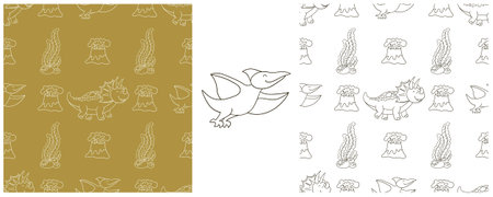 Set funny kids dinosaur pattern. Coloring dinosaur vector background. Triceratops. Print for cloth design, textile, fabric, wallpaper, wrapping paperのイラスト素材