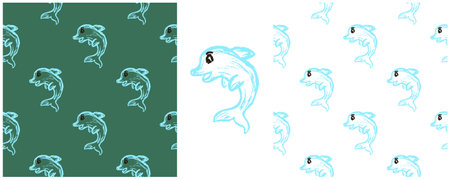 Marine seamless pattern. Dolphins. Set drawings with wax crayons. Print for cloth design, textile, fabric, wallpaperのイラスト素材