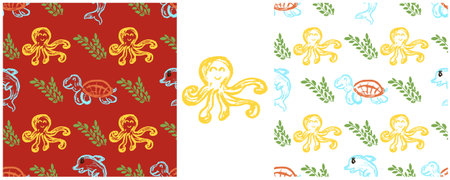 Marine seamless pattern. Sea inhabitants. Set drawings with wax crayons. Print for cloth design,...