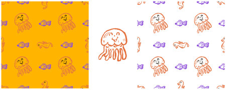 Marine seamless pattern. Set drawings with wax crayons. Underwater inhabitants. Print for cloth...