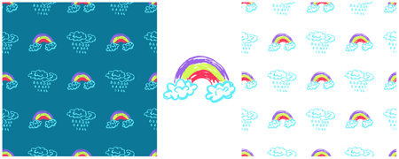 Sky seamless pattern. Set drawings with wax crayons. Clouds, rainbow. Printのイラスト素材