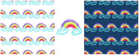Sky seamless pattern. Set drawings with wax crayons. Dreamy mood, rainbow. Print for cloth design, textile, fabric, wallpaperのイラスト素材