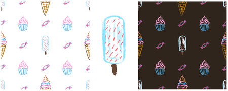 Sweets seamless pattern. Set drawings with wax crayons. Ice cream, desserts. Print for cloth design, textile, fabric, wallpaper, wrappingのイラスト素材