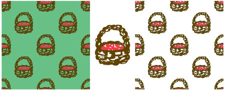 Autumn seamless pattern. Set drawings with wax crayons. Basket with berries, mushrooms. Print for cloth design, textile, fabric, wallpaper, wrapping paperのイラスト素材