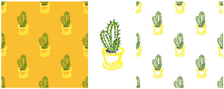 Cactus seamless pattern. Home plants in pots. Set drawings with wax crayons. Print for design