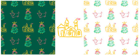 Fairytale seamless pattern. Princess. Set drawings with wax crayons. Print for cloth design, textile, fabricのイラスト素材