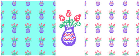 Floral seamless pattern. Flowers in a vase. Set drawings with wax crayons. Print for clothのイラスト素材