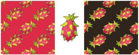 Dragon fruit, pitaya. Seamless pattern with tropical fruits. Color Set in hand draw style. Can be used for fabric, packaging, wrapping and etcのイラスト素材