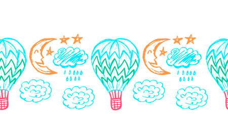 Balloon Festival. Childish seamless border. Drawings with wax crayons. Vector design for paper, cover, fabric and other useのイラスト素材