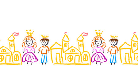 Castle, royal family. Childish seamless border. Drawings with wax crayons. Vector design for paper, cover, fabric, interior decor and other useのイラスト素材
