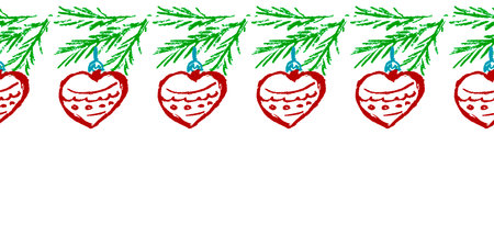 New Year's seamless border. Christmas tree branches with decorations. Drawings with wax crayons. Vector design for paper, cover, fabric, interior decor and other useのイラスト素材