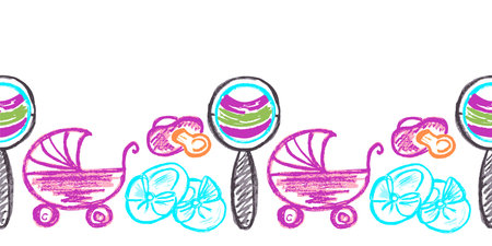Newborn, stroller, pacifier. Childish seamless border. Drawings with wax crayons. Vector design for paper, cover, fabric and other useのイラスト素材