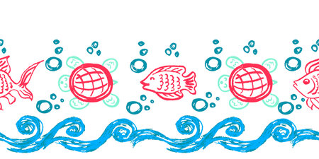 Waves, fish and marine life. Childish seamless border. Drawings with wax crayons. Vector design for paper, cover and other useのイラスト素材
