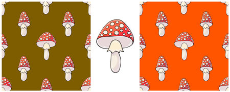 Amanitas. Set Seamless pattern with forest mushrooms. Amanitas. Illustration in hand draw style. Autumn motives. Can be used for fabric and etcのイラスト素材