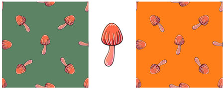 Illustration in hand draw style. Galerina marginata. Set Seamless pattern for kitchen. Can be used for fabric, packaging, wrapping and etcのイラスト素材