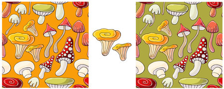 Mushroom autumn mood. Set Seamless pattern with forest mushrooms. Can be used for fabric, packaging, wrapping and etcのイラスト素材