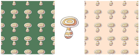 Round Fairy mushroom. Illustration in hand draw style. Set Seamless pattern for kitchen, restaurant or shop. Can be used for fabric and etcのイラスト素材