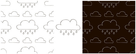 Seamless pattern with clouds. Rain. Monochrome Set Illustration in hand draw styleのイラスト素材