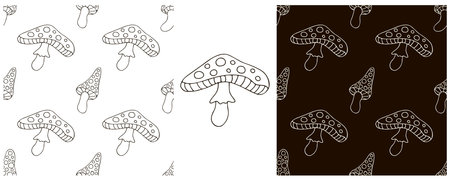 Set Seamless pattern with forest mushrooms. Amanitas. Monochrome. Can be used for fabric, packaging, wrapping and etcのイラスト素材