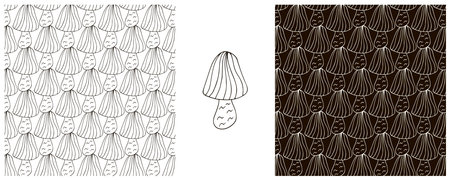 Striped Fairy mushroom. Monochrome Set Seamless pattern for kitchen, restaurant or shop. Can be used for fabric, packaging, wrapping and etcのイラスト素材